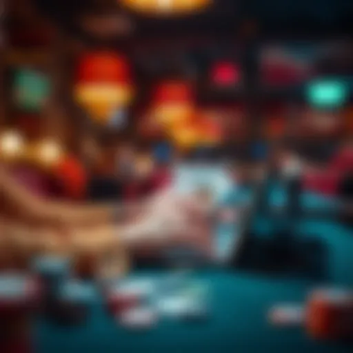 A person using a laptop to play poker online, with cards and chips on the table