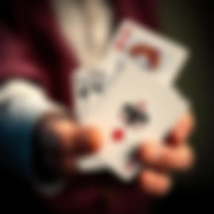 Playing cards and a joker A hand holding playing cards with a joker card on top, symbolizing games and trickery
