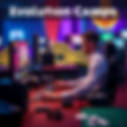 A person sitting at a computer playing Evolution Craps with a VPN, focused on the screen and surrounded by gaming accessories.