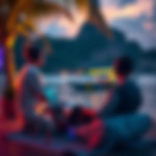 A gamer sitting in a tropical setting with a laptop, enjoying online gaming while on holiday in Thailand or Vietnam