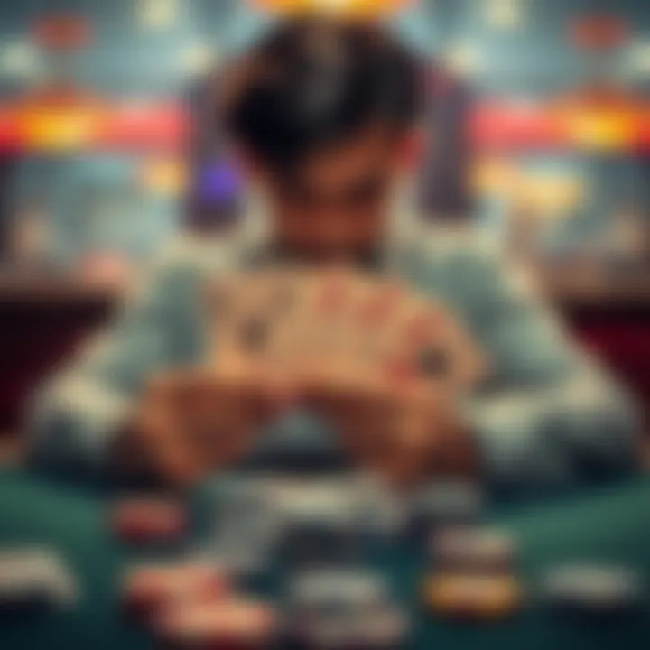 A player analyzing poker hands A5s and T9s at a table with chips and cards