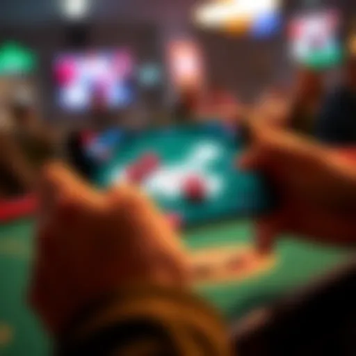 A person using a smartphone to play poker against real players with chips and cards on the screen