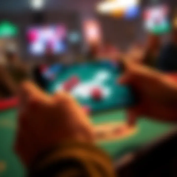 A person using a smartphone to play poker against real players with chips and cards on the screen