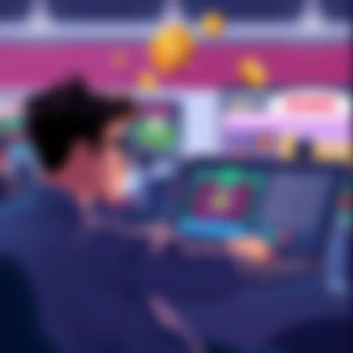 Playthrough Requirements at Stake.us An illustration showing a person playing a game on a laptop with cash and bonus icons above, representing playthrough rates for stake cash