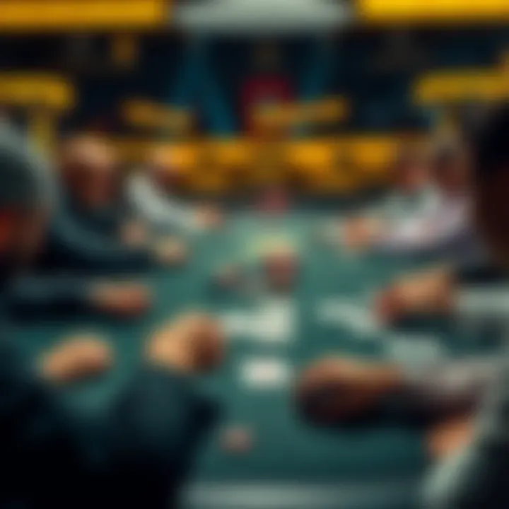 PLO Cash Game Table A group of players engaged in a live Pot-Limit Omaha cash game at a poker table, focusing on their cards and chips.