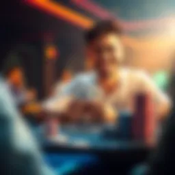 A person sitting at a poker table, excitedly looking at their cards, with chips stacked in front and a confident smile, representing the journey from small stakes to higher winnings in Pot-Limit Omaha.