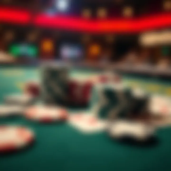 Poker chips and cards on a table A close-up view of poker chips and playing cards on a casino table with a focused atmosphere