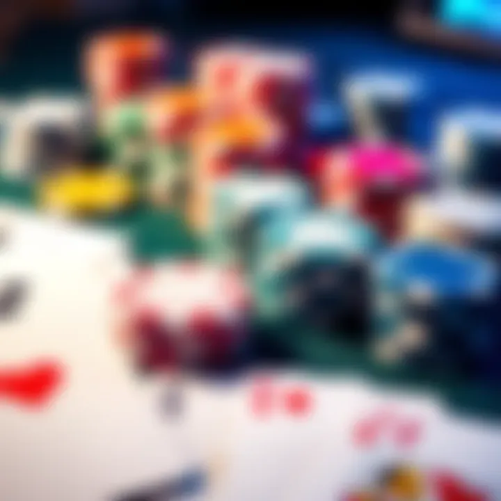 A close-up view of poker chips and playing cards arranged on a table, representing strategies for c-bet sizing in poker games.