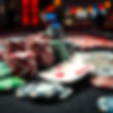 A close-up of poker chips and cards laid out on a table, representing a poker game atmosphere.