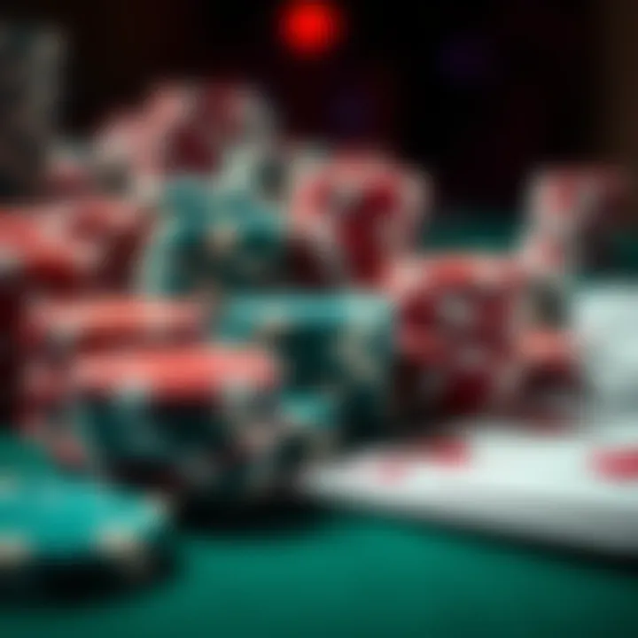 A close-up of poker chips and playing cards on a table, representing online poker stakes for beginners.