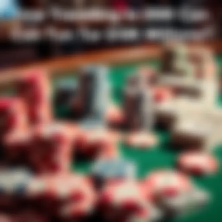 A collection of colorful poker chips with stacks of cash on a green poker table, representing high-stakes games in the year 2000.