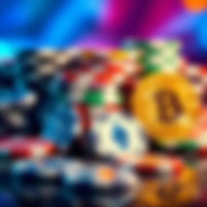 A collection of colorful poker chips next to Bitcoin and Ethereum coins, representing online poker with cryptocurrency