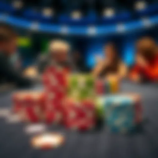 A close-up of colorful poker chips stacked on a poker table with players in the background, showcasing the atmosphere of a poker game.