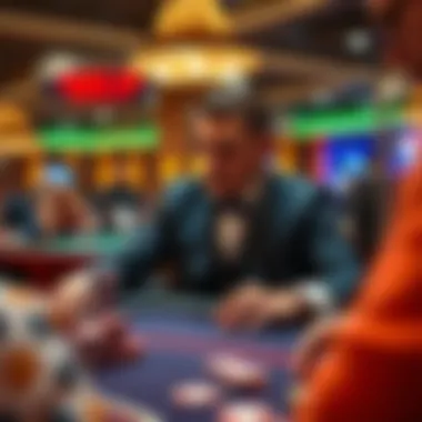 A poker dealer managing a game at a casino table, showcasing a professional environment with players and chips around.