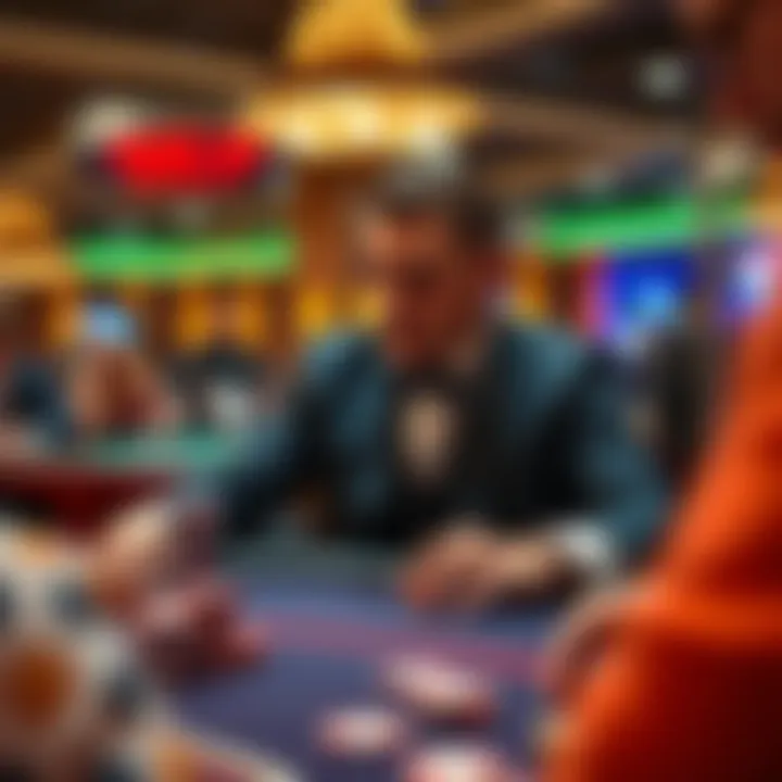 A poker dealer managing a game at a casino table, showcasing a professional environment with players and chips around.