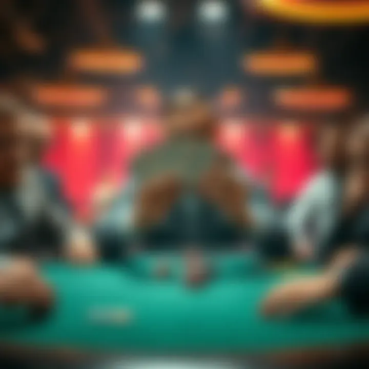 A player shows their cards at a poker table, revealing an unexpected flop that surprises everyone around. The tension in the room builds as others react in shock.