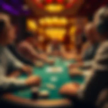 A group of people playing poker at a table, showcasing chips and cards, with a focus on the excitement of the game.