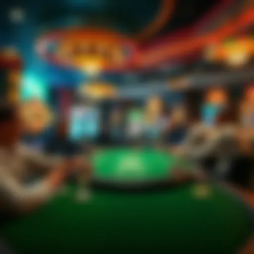 A lively poker game scene with players engaged at a table in a Las Vegas casino