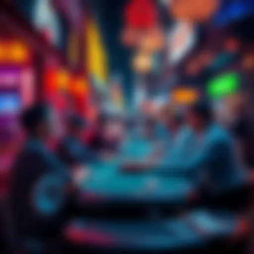 Players engaged in a lively poker game at a popular venue in Kabukicho, surrounded by colorful lights and vibrant atmosphere.