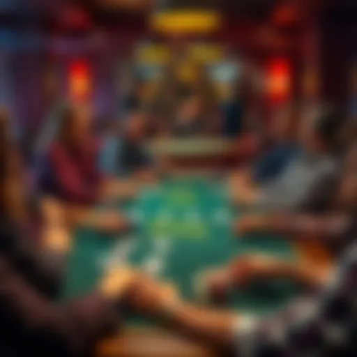 A group of people playing poker around a table with cards and chips, creating a lively atmosphere during a private game.