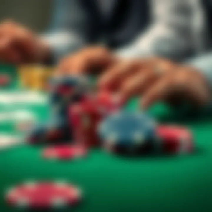 Poker hand analysis with chips A close-up of poker chips and cards on a table, showing a tense moment in a hand, highlighting strategy and decision making.