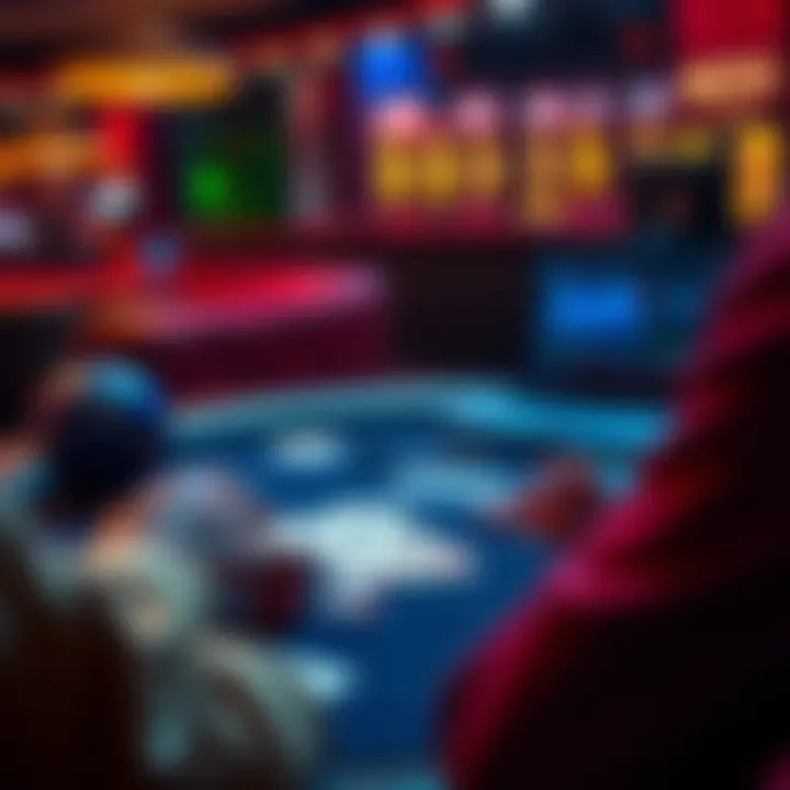 A person analyzing poker hands at a table with cards and chips, featuring a laptop with game analysis software visible.