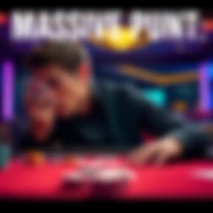 Poker hand showdown A player contemplates their cards while seated at a poker table, with chips and cards visible, showcasing a tense moment in the game.