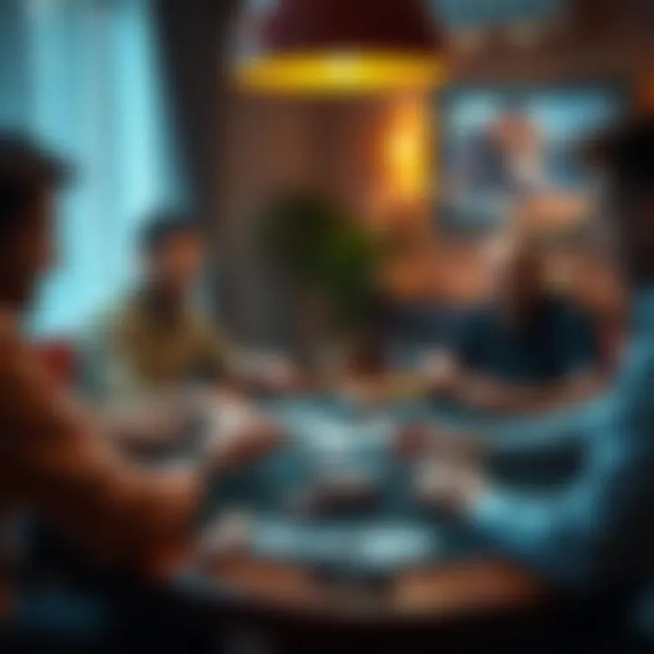 A group of friends playing poker at a home game table with cards and chips, discussing strategies