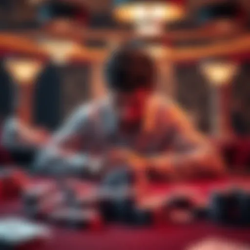 A player contemplating their next move at a poker table, surrounded by chips and cards, reflecting on past mistakes.