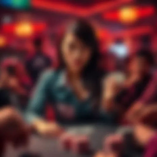Poker Player in Action A confident poker player, planetmarsupial, holding cards while surrounded by spectators, showcasing her skills at a table
