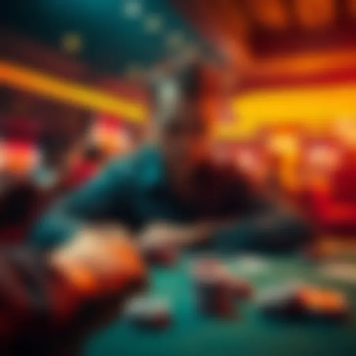 A poker player with focused expression, considering strategies while seated at a lively poker table with chips and cards in front of them
