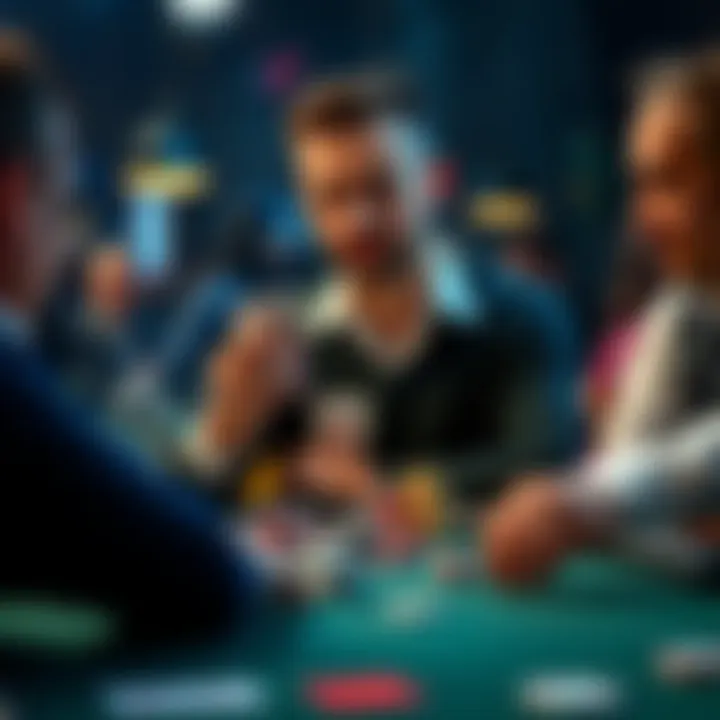 Poker player bluffing at the table A poker player confidently bluffing during a game, focusing on their hand and the table, with chips in front of them and other players watching closely.