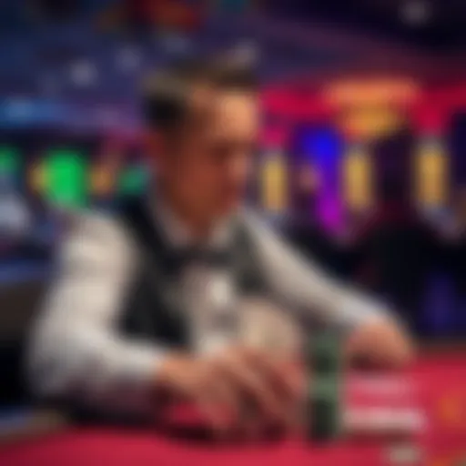 A confident poker player at a casino table, contemplating a surprise call against a possible bluff during an intense match.