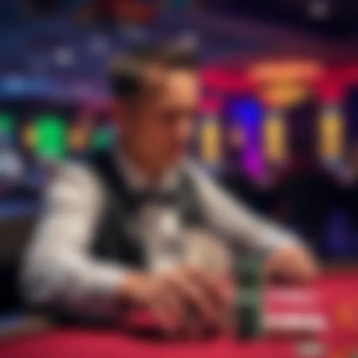 A confident poker player at a casino table, contemplating a surprise call against a possible bluff during an intense match.