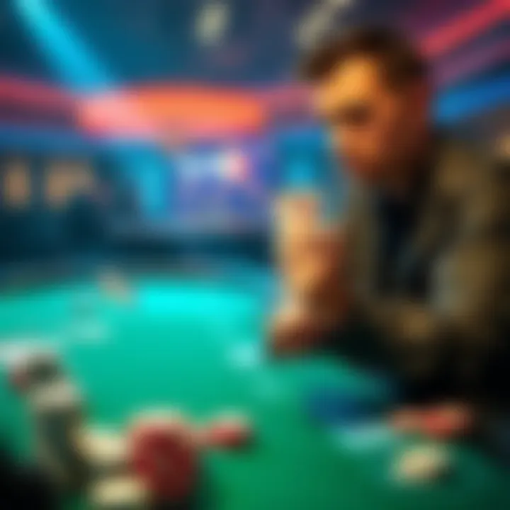 A poker player at a World Series of Poker table contemplating a big decision with AK suited cards