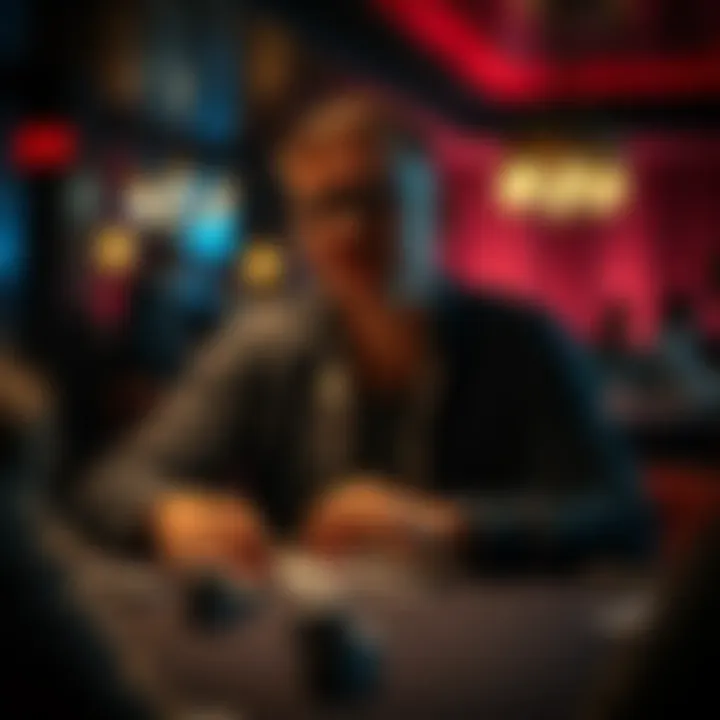 A professional poker player sitting at a table with cards, looking thoughtful, reflecting on personal beliefs and gambling