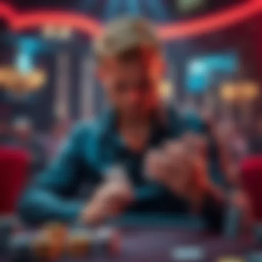 A focused poker player folds their cards at the river after a strong round of play, reflecting on their strategy.