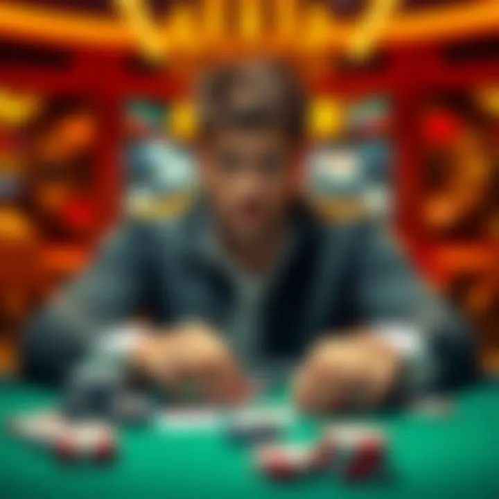 A focused poker player contemplating a decision at a 5/5 table with chips and cards in front of him.