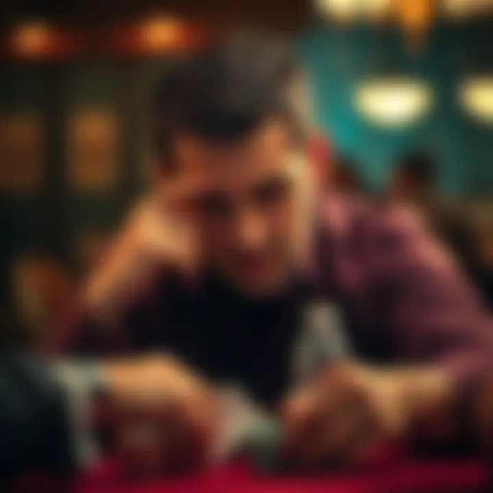 A poker player subtly adjusting their expression to mislead opponents at a low-stakes game