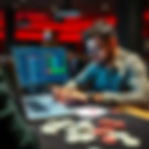 A focused poker player studying a GTO solver on a laptop while taking notes at a table, surrounded by playing cards and chips.