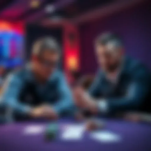 Two poker players at a table contemplating their next move, with cards and chips in front of them.