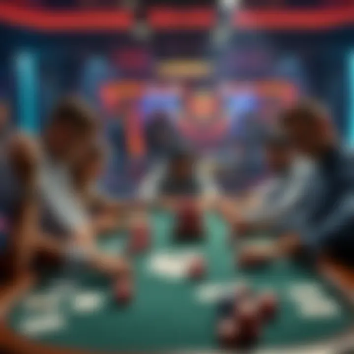 A group of poker players at a table, each contemplating their next move as they review their hole cards and the community cards.