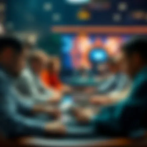 A group of focused poker players at a table, analyzing each other's expressions while playing cards.