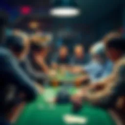 A group of poker players discussing strategies while looking at their cards on a table with chips and drinks