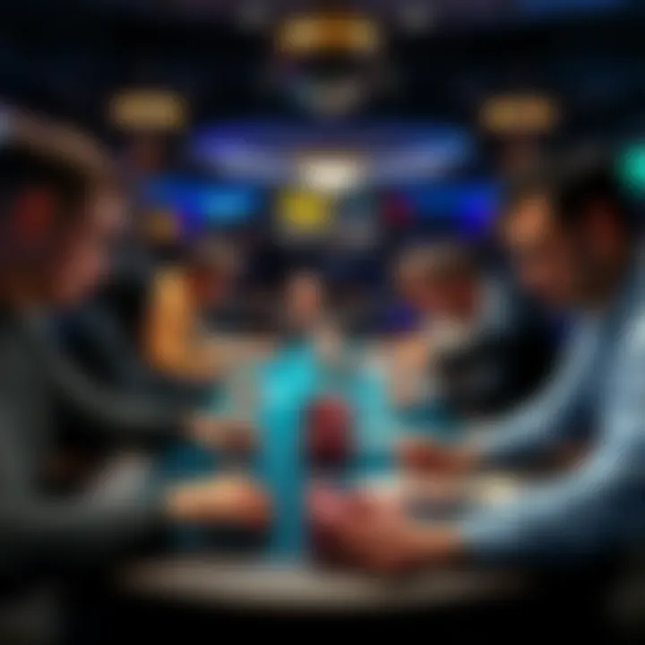 A group of poker players at a table, focused on their cards, with chips stacked in front of them, during a high-stakes tournament.