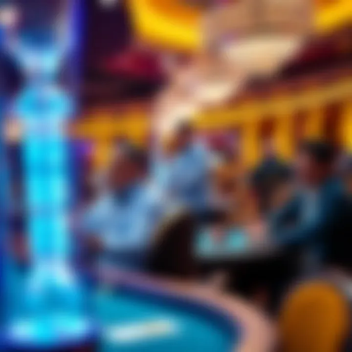 A busy poker room at Aria with players at tables, one player standing up with an expression of leaving the game, while others are focused on their cards.