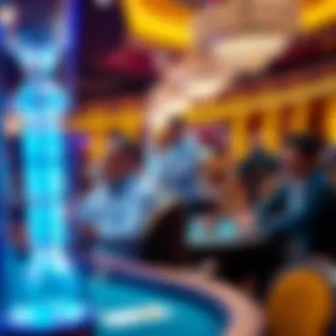 Poker room at Aria A busy poker room at Aria with players at tables, one player standing up with an expression of leaving the game, while others are focused on their cards.