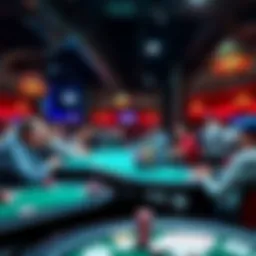 A bustling poker room in Houston with players at tables, chips stacked, and excitement in the air.