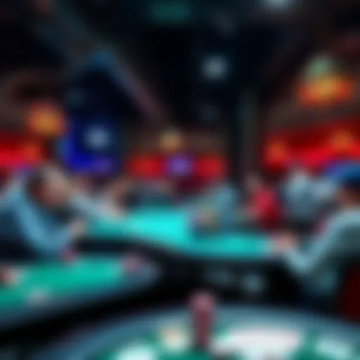 A bustling poker room in Houston with players at tables, chips stacked, and excitement in the air.