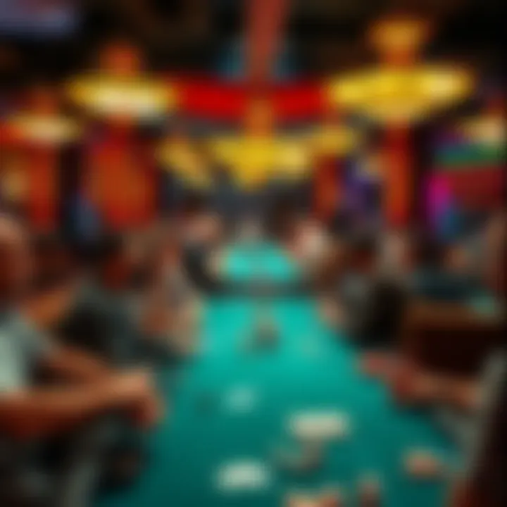 A busy poker room filled with players at tables, showcasing the excitement and vibe of Las Vegas casinos.